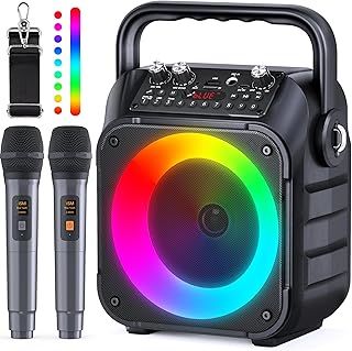 Karaoke Machine with Two Wireless Microphones, Portable Karaoke Machine for Adults & Kids, Portable Bluetooth Speaker with partybox PA System, LED Lights, Supports TF Card/USB, AUX in, FM, USB,TWS