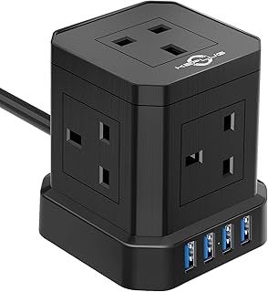 Cube Extension Lead with USB Slots, 5 Way Plug Extension with 4 USB(3.1A), KEPLUG Black Multi Plug Power Strip 2m Extension Cable,3250W/13A UK Power Socket Extension Cord for Desk Home Office Travel