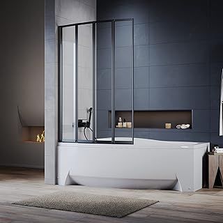 ELEGANT 4 Panel Folding Bath Shower Screen,900mm Over Bath Shower Screen Door Toughened Safety Clear Glass Bathtub Door Pivot Swing Panel