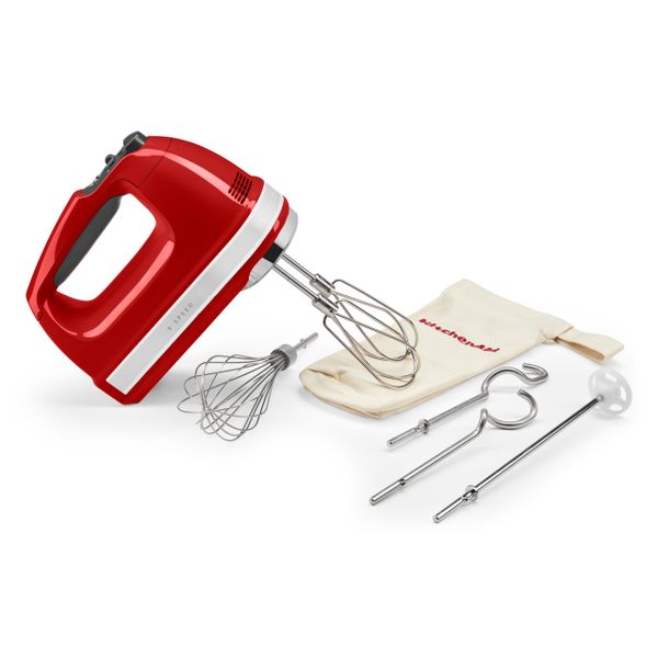 KitchenAid 9-Speed Hand Mixer, 85W Quiet DC Motor with Soft Start, 6 Accessories – Beaters, Whisk, Dough Hooks & Mixing Rod, Swivel Cord, Storage Bag Included, Empire Red