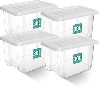 KLASS 30L Clear Plastic Storage Boxes With Lids Set of 4, Strong BPA Free Multipurpose Stackable Plastic Storage Box With Lid 30L Clear Containers For Home, Kitchen, Food, Garage, Office, Accessories