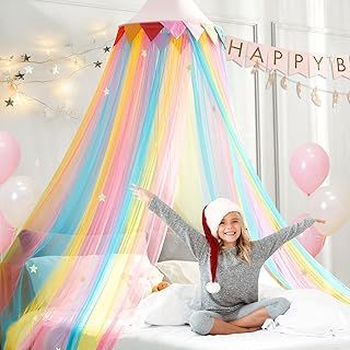 Kids Bed Canopy, Princess Canopy for Girls Fairy Dream Kids Canopy Rainbow Netting, Crib Canopy Hanging Net for Bedroom, Pink Dome Reading Corners with Stars Decor