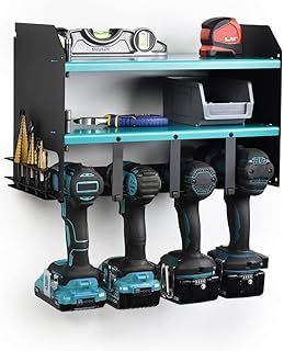 MegaMaxx Power Tool and Drill Storage Unit Charging Station for 4 Tools and 2 Shelf - Wall Mount Toolbox and Accessories Rack Cabinet for Workshop, Garage, Shed, Van, Drill Driver