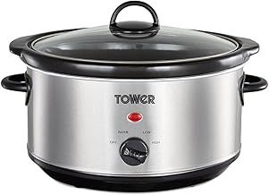 Tower T16039 Slow Cooker with 3 Heat Settings and Removable Dishwasher Safe Pot, 3.5 Litre, Stainless Steel