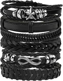 Manfnee 6-12Pcs Leather Braided Bracelet Punk Cuff Wrap Wristband Bracelets for Men Women Adjustable