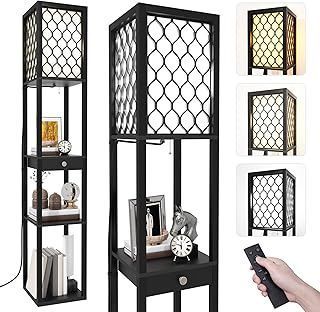 Jehiatek Floor Lamp with Shelves, E27 LED Bulb Tall Standing Light with Remote, Modern Reading Lamp with a Drawer Storage, for Bedroom, Living Room, Office, 160cm, Black