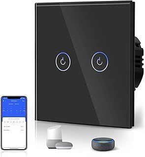 BSEED Smart WiFi 2 Gang 1 Way Alexa Switchable Switches Black, Glass Panel Wall Light Switch, Voice/App Control Sharing Wifi Switches(Neutral Wire Required)