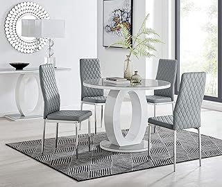 Dining Room Set - Giovani Round Dining Table and Chairs Set Of 4 - Contemporary High Gloss and Glass Table with Exquisite Milan Chairs (Dining Table + 4 Grey Milan Chairs)