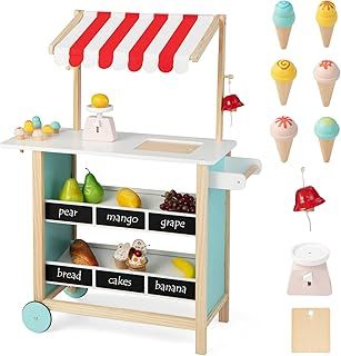 Pretend Play Ice Cream Cart, Kids Dessert Shop Trolley with 6 Pcs Play Toy, Bell, Produce Scale & Chalkboard and 2 Wheels, Wooden Children Grocery Store for 3+ Year Old (Red Canopy)