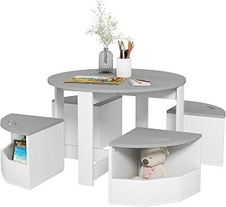 Kids Table and Chairs Set, Five-Piece Childrens Table and Chair Set with Storage, Children Activity Table for Ages 3-8 Years, Grey