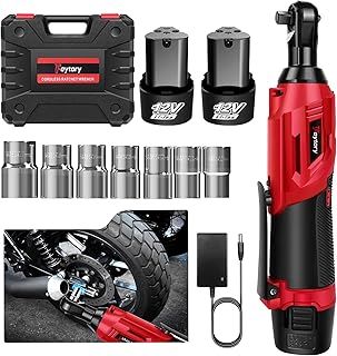 Huini 12V Cordless Ratchet Wrench, 3/8" Electric Ratchet Wrench Kit 40N.m, 0-300 RPM,Impact Drive Ratchet Rattle Nut Gun with 2 x Lithium-Ion 1.5Ah Battery and Fast Charge,7 PCS Sockets,Red/Black