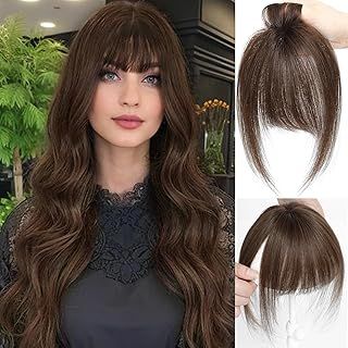Bangs Hair Clip in Bangs Real Human Hair Bangs Clip in Hair Extensions Air Bangs Hairpiecesfor Thinning Hair Women Real Hair 360°Clip on Bangs for Daily Wear Medium Brown