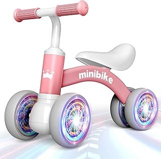 HappyGoLucky Baby Balance Bike 1 2 Year Old, 4 Wheels Lighting Ride On Toys for 1 2 Year Old Girls Gifts, Toddler Toys 1 2 Year Old Girl Toys Age 1-2, Baby Toys 10-36 Months Old Easter Gifts for Kids