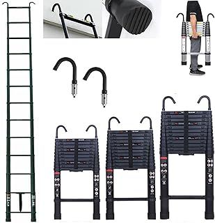 3.2M Telescopic Ladder with hooks, 10.5FT Black Multi-Purpose Folding Aluminium Telescoping Ladder Foldable Ladder Extension Ladder Extendable Portable Loft Ladder Lightweight, 330lb Capacity, EN131