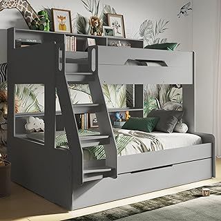 Triple Bunk Beds for Kids, Trundle Bed, Heavy Duty and Sturdy, Cosy, Stylish, Space-Saving Design (Grey)