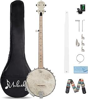Mulucky 5 String Banjo, Full Size with 24 Brackets, Open Back, Maple Banjos with Remo Head, Geared 5th Tuner, Gift Package with Beginner Kit - MB1101
