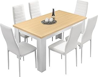 Table and Chairs Set 6, Dining Table Set, Dining Room Chairs and 18mm Thick Table Top 140 x 80 cm Long Wooden Dining Table Modern Design for Home Kitchen Furniture