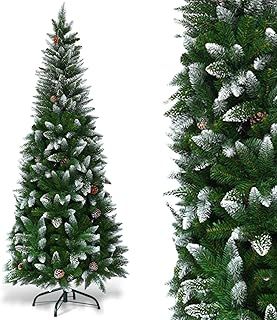 GYMAX Snow Flocked Pencil Christmas Tree, 5FT/6FT/7.5FT Slim Christmas Tree with Pine Cones and Metal Stand, Hinged Xmas Tree Holiday Decoration for Home, Office, Shops & Hotels