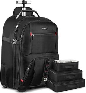 ZOMFELT Backpack with Wheels, 17.3 Inch Rolling Backpack for Men Women, Waterproof Rucksack on Wheels with 3 Packing Cubes, Laptop Roller Cases for Business Work College School, Black