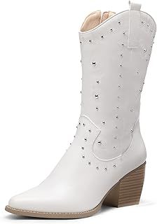DREAM PAIRS Women's Comfortable Western Boots Waterproof Cowboy Cowgirl Pull-on Mid Calf Boots Stylish and Beautiful Party Dressing Boots for Ladies