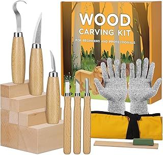 Wood Carving Tools Kit, 18 in 1 Wood Whittling Kits, Chip Carving Tools Set, with 8 Basswood Carving Blocks, 6 Whittling Tools, Gloves, Sharpener, Roll Canvas Bag, Wood Carving Set for Adult Beginners