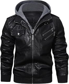 HOOD CREW Men’s PU Faux Leather Motorcycle Bomber Jacket With a Removable Hood
