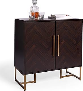Dark Wood Sideboard - Storage Cabinet with Parquet Design Walnut Veneer - 2 Door Chevron Storage Unit w/Gold Handles & Legs - Buffet Cabinet For Living Room & Dining Room - York
