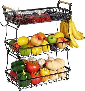 ANTOPY 3 Tier Fruit Basket with 2 Banana Hangers, Countertop Vegetable Bowl Kitchen Counter Metal Mesh Fruits Stand Produce Holder Organizer Onion Potato Bread Snack Veggie, Black