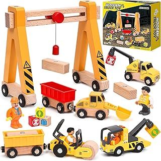 Atoylink Wooden Construction Vehicle Toys Gifts Boys Kids 2 3 4 5 Years, Magnetic Vehicles Site Playset with Gantry Crane, Excavator, Crane, Road Roller, Tow Truck, Wooden Truck Toy Gift Kids Toddler