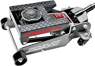 Powerbuilt 2 Ton Triple Lift Floor Jack, Lifts Cars, Trucks, Motorcycles, ATV's, Transmissions, Tie-Down Loops, Locking Safety Bar - 620422E, Silver