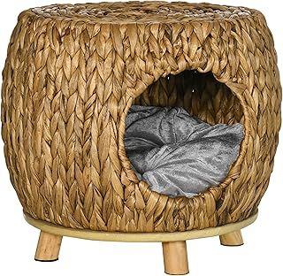 PawHut Wicker Cat House Stool for Rest, Rattan Kitten Bed for Indoor and Outdoor Use, Elevated Pet Bed with Soft Washable Cushion 44 x 43 x 41 cm