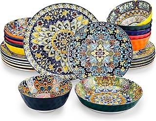vancasso Dinner Sets for 6 People, Simi Dinnerware Dish Set Artisanal Pieces with 10.5in Dinner Plate, 8.5in Dessert Plate, 780ml Pasta Bowl and 950ml Cereal Bowl, Boho Colourful Tableware