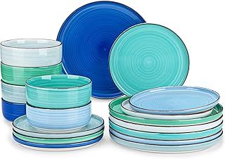 vancasso Bonita Blue Dinner Set, Handpainted Swirls Dinner Sets for 6 People, 18-Piece Plates and Bowls Set in Cool Tones, Include Dinner Plates, Dessert Plates, and Cereal Bowl