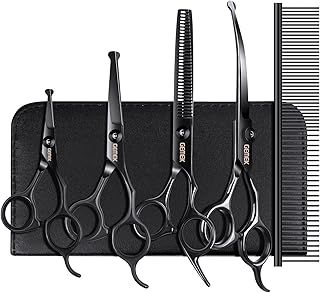 Dog Grooming Scissors Kit with Safety Round Tips, GEMEK Professional 6 in 1 for Dogs, Heavy Duty Titanium Coated Pet Scissor Cats and Other Animals (Black) (GD0051)