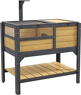 PawHut Tortoise House w/Shelf, Small Pet Reptile Wooden House w/Hide Shelter Den and Run, Lamp Holder, Tray, for Indoors, Outdoors - Brown