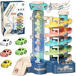 Toy Car Garage Track Set with Music and Light Effects for Kids, 5-Level Parking Garage Set with Electric Lift, Kids' Play Vehicle Garages with 5 Mini Cars - Gift for Kids 4-11