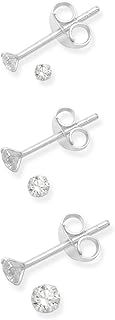 Set of 3 pairs of Sterling Silver Cubic Zirconia Round Stud Earrings - SIZES: 1 pair each of 2mm, 3mm & 4mm. GIFT BOXED 5768SET