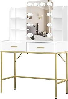 Panana Dressing Table with LED Light Mirror Vanity Table with 2 Drawers, Makeup Table with 4 Shelves, Dressing Table for Bedroom Furniture, 90 * 40 * 136cm (WH-09)