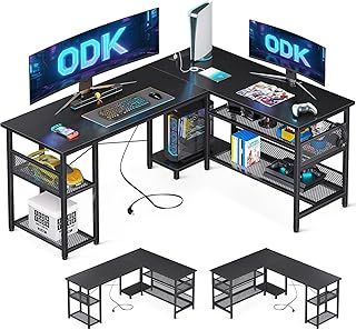 ODK L Shaped Gaming Desk, Reversible Computer desk with 2 Sockets and 2 USB Charging Ports, Corner Desk with Storage for Home Office Black, 150 x 102 cm