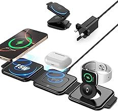 3 in 1 wireless charging station, Foldable Travel Charger Station for iPhone 16/15/14/13/12 Series, Apple Watch Charger for iWatch 10/9/Ultra 2/Ultra/8/7/6/SE/5/4/AirPods4/3/2/Pro(with 20W Adapter)