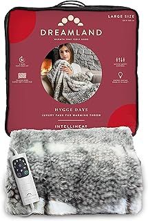 Dreamland Hygge Days Electric Blanket – Heated throw - Fallow Deer Print, Luxury Faux Fur, Fast heat up, 6 temperature settings, 1/3/9-hour auto timer, Electric throw, Machine Washable, 160x120cm