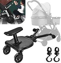 Vihir Universal Buggy Board with Seat, Kiddy Board, Pram Accessory for Children from 2-6 Years (25 kg), Compatible with Almost Every Stroller and Pram, Black, with 2 pram Hooks