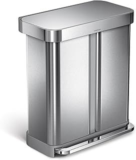 simplehuman CW2025 58L (34/24) Rectangular Recycling Kitchen Pedal Bin with Liner Pocket, Silent Soft Close Lid, Strong Wide Pedal, Fingerprint-Proof, Brushed Stainless Steel