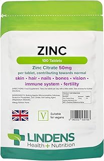 Lindens Zinc Citrate 50mg - 100 Vegan Tablets - Immune Function, Fertility, Healthy Bones, Vision, Hair, Nails and Skin - Made in The UK | (3+ Months Supply) | Letterbox Friendly