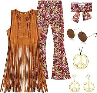 70s Fancy Dress Women Disco Outfit Hippie Costume Women Fringe Vest Flared Pants 70s Accessories Ladies Fancy Dress Costume Hippie Clothes 70s 60s Fancy Dress for Women Adult Halloween Costume