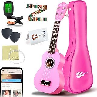 Everjoys Soprano Ukulele Beginner Kit 21 Inch Ukelele w/How to play Songbook Carrying bag Digital Tuner All in One Set (Pink)