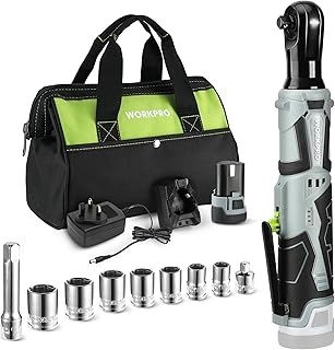 WORKPRO Electric Cordless Ratchet Wrench Set, 3/8" Cordless Ratchet with 7 Sockets, Extension Bar & Drive Adapter, 1H Fast Charger, 12V Powered Ratchet Wrench 55N.m, 2.0Ah Lithium-Ion Battery