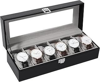 Uten Watch Box 6 Slots, Watch Case with Glass Lid, Watch Display Storage Box for Men and Women, Removable Watch Pillows, Metal Clasp, Black Synthetic Leather,Grey Velvet Lining, Gift Idea