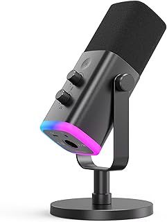 FIFINE XLR/USB Gaming Microphone, Studio Dynamic Streaming Mic, Computer Desktop Stand Microphone for Podcast, VoiceOver, Recording, with RGB, Mute, Monitoring Headphone Jack, Gain Knob, Black-AM8