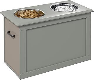 PawHut Raised Dog Bowls, Pet Feeding Storage Station with Two Stainless Steel Bowls, Base, for Large Dogs, Grey